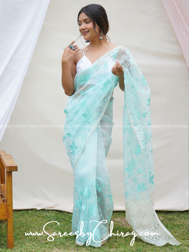 Sky Soft Organza Silk Saree with exquisite Lucknowi Thread Chikankari - Ishak