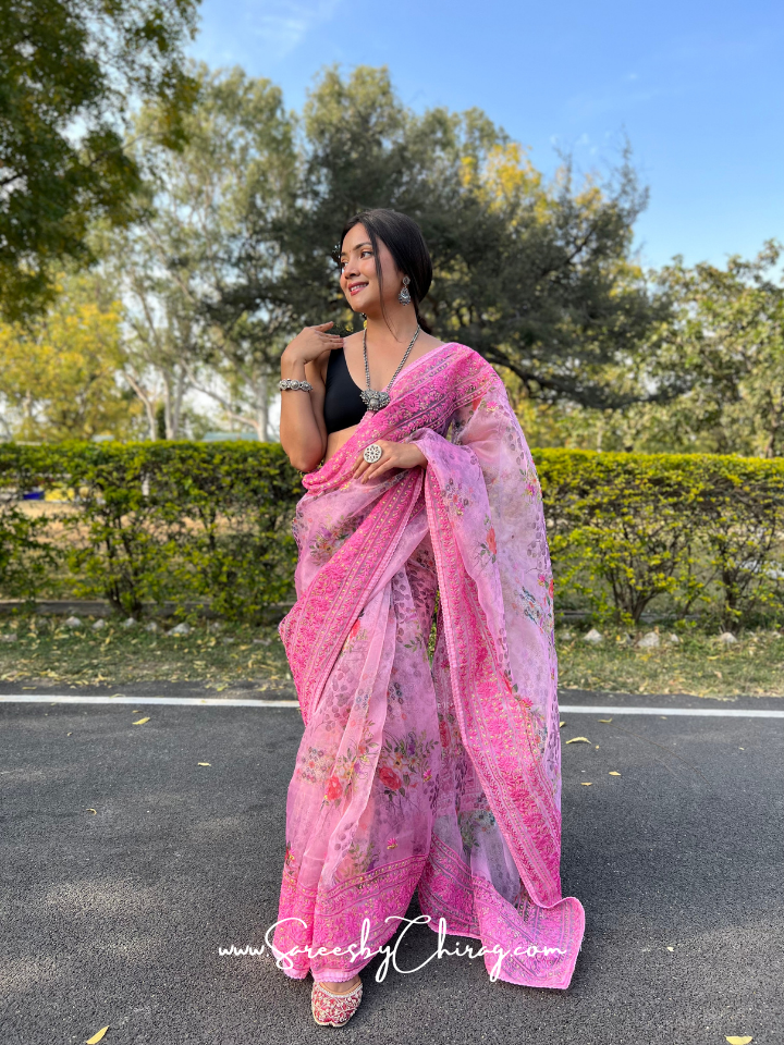 Pink Embroidery Floral Digital Printed Organza Saree with Embroidery Border | Vidhi 2