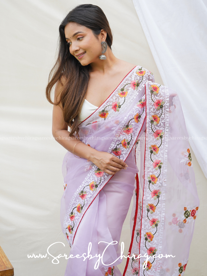 Lavender Organza Saree Enchantments with Floral Embroidery and Piping Border-Merry
