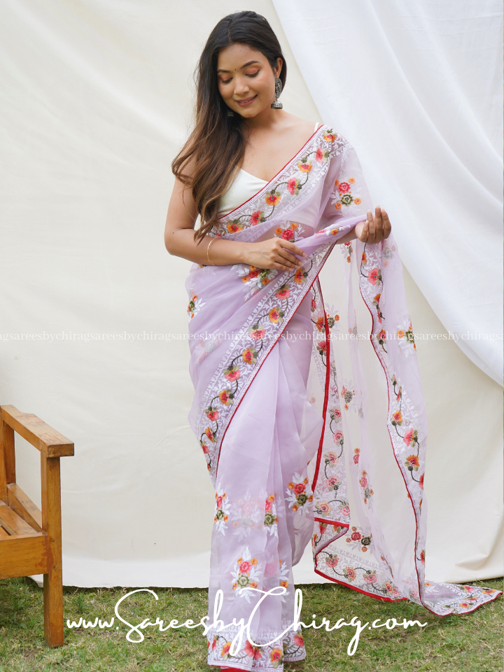 Lavender Organza Saree Enchantments with Floral Embroidery and Piping Border-Merry