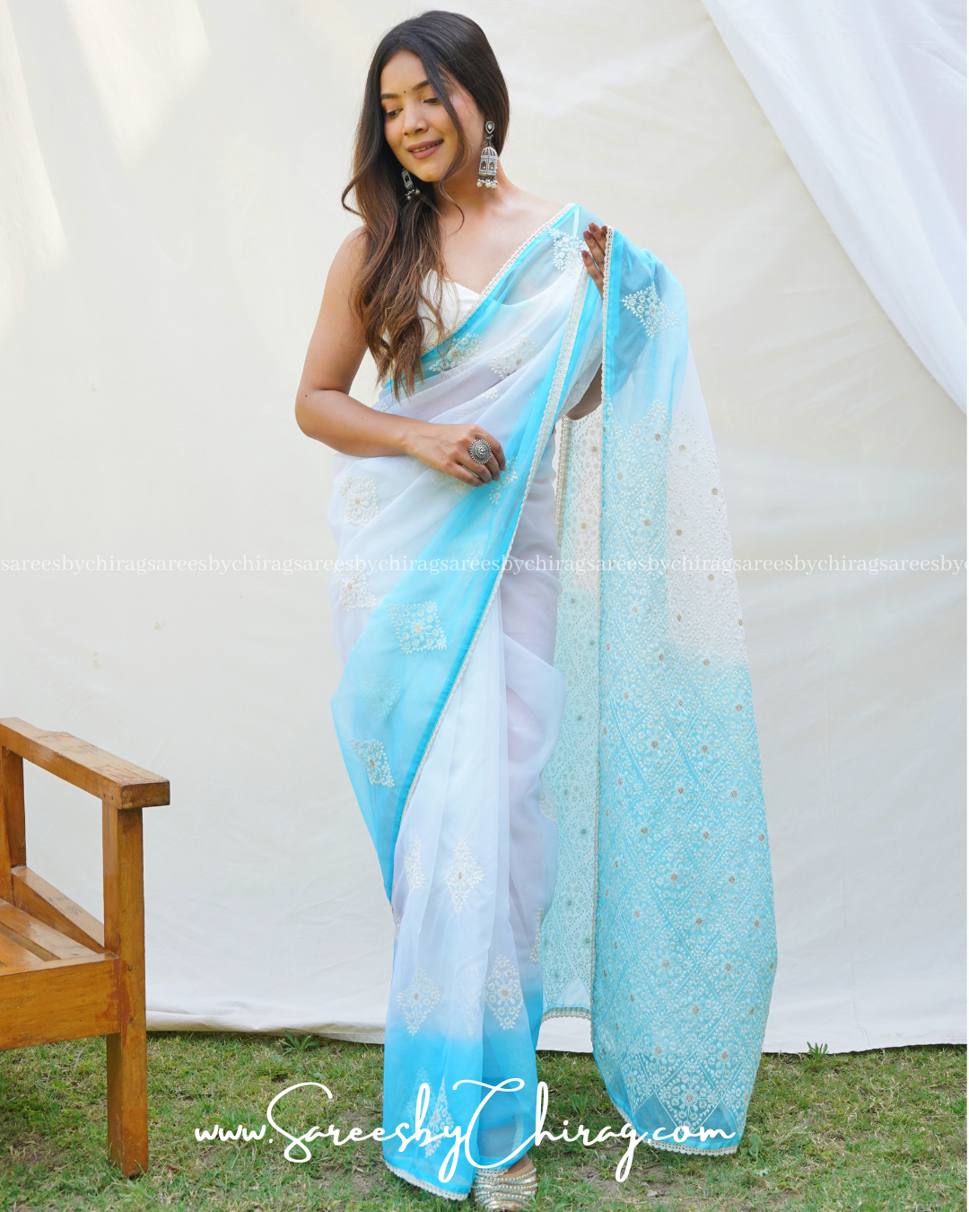 Sky Organza Silk Saree With Viscose Thread Sequence And Chikankari Lace - Nusrat