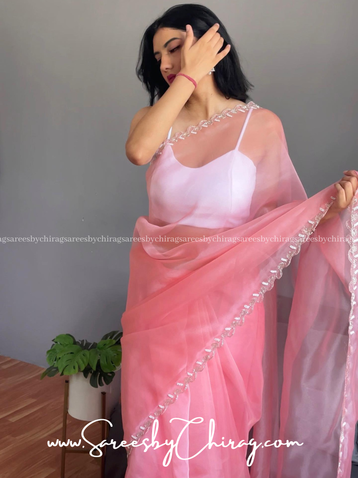 Peach Organza Beaded Border Saree for Special Occasions - Sheetal
