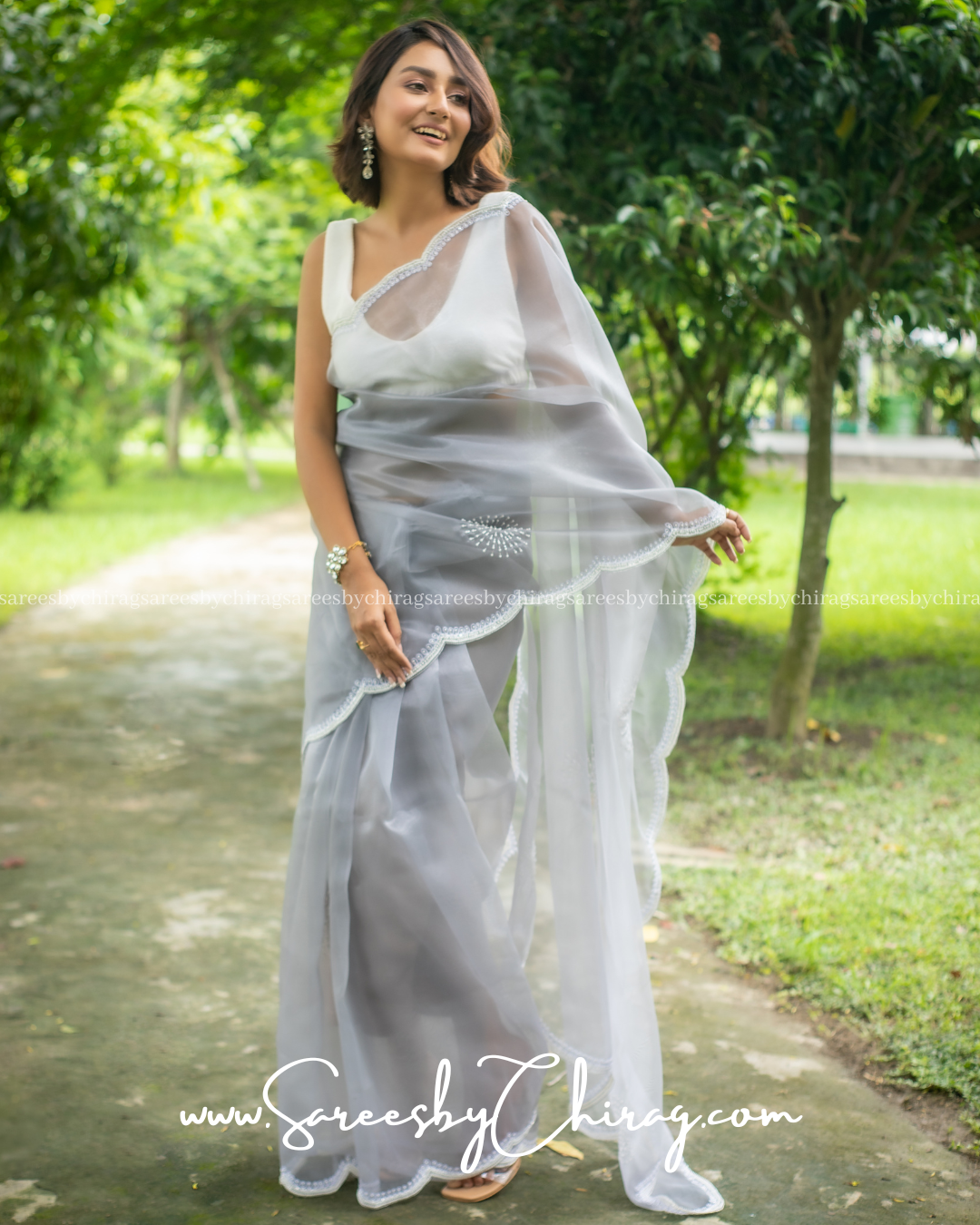 Grey Organza Saree with Exquisite Hand-Cutwork Border and Pearl Embellishments - Anika