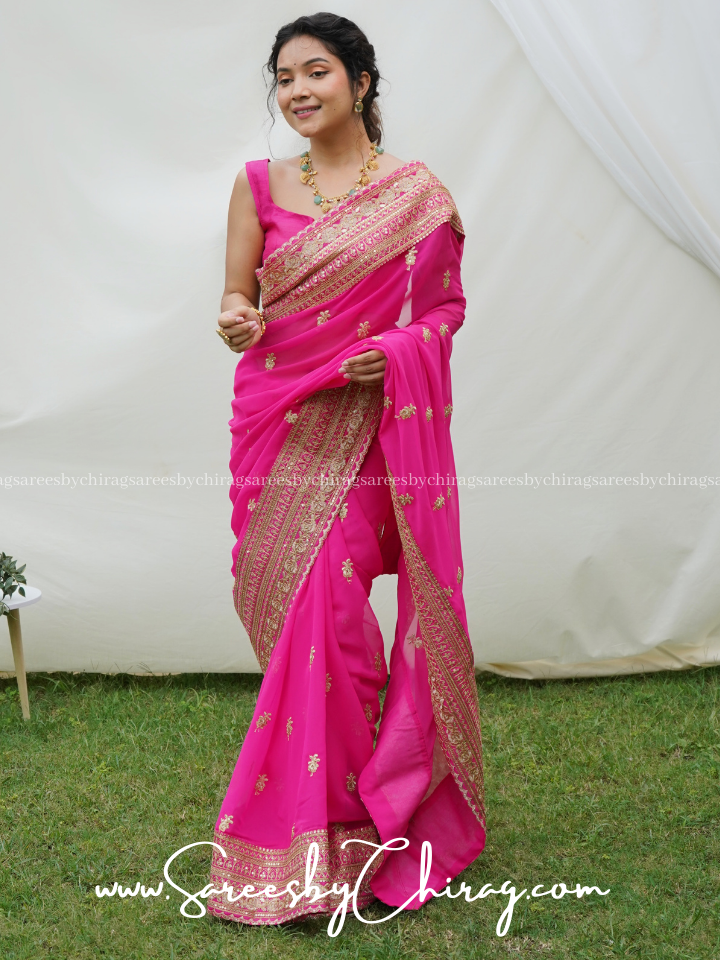 Pink Stylish Georgette Silk Saree with Viscose Thread and Sequin Work Border - Rosy