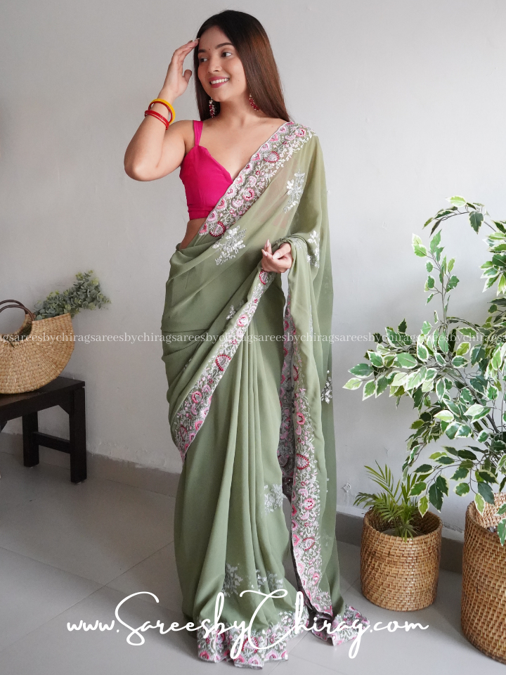 Green Georgette Saree with Exquisite Thread Work and Sparkling Sequins- Tanvi