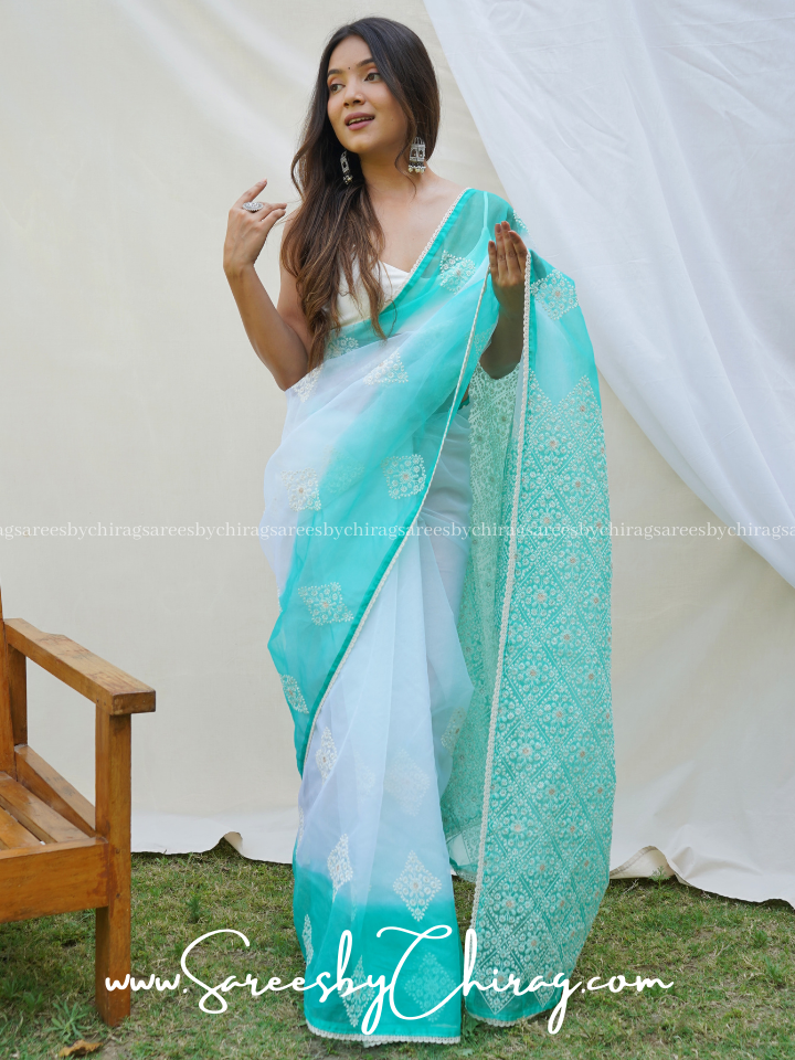 Turquoise Green Organza Silk Saree With Viscose Thread Sequence And Chikankari Lace - Nusrat