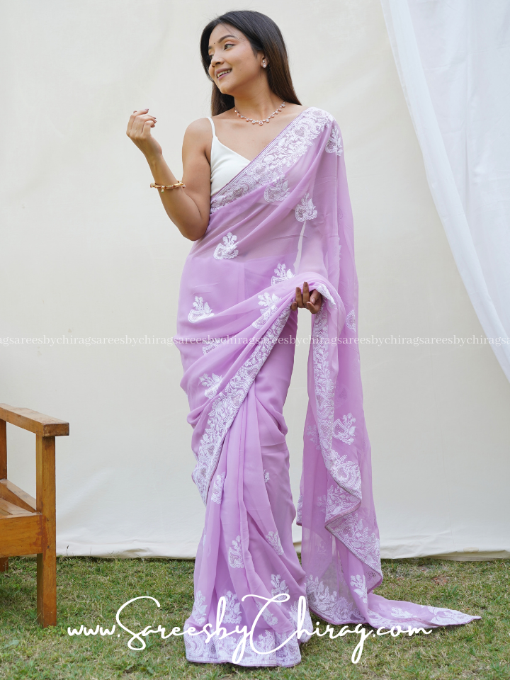 Lavender Georgette Saree adorned with Exquisite Chikankari and a Stunning Border - Riva
