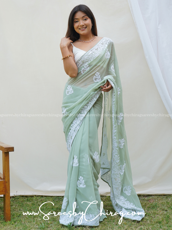 Sea Green Georgette Saree adorned with Exquisite Chikankari and a Stunning Border - Riva