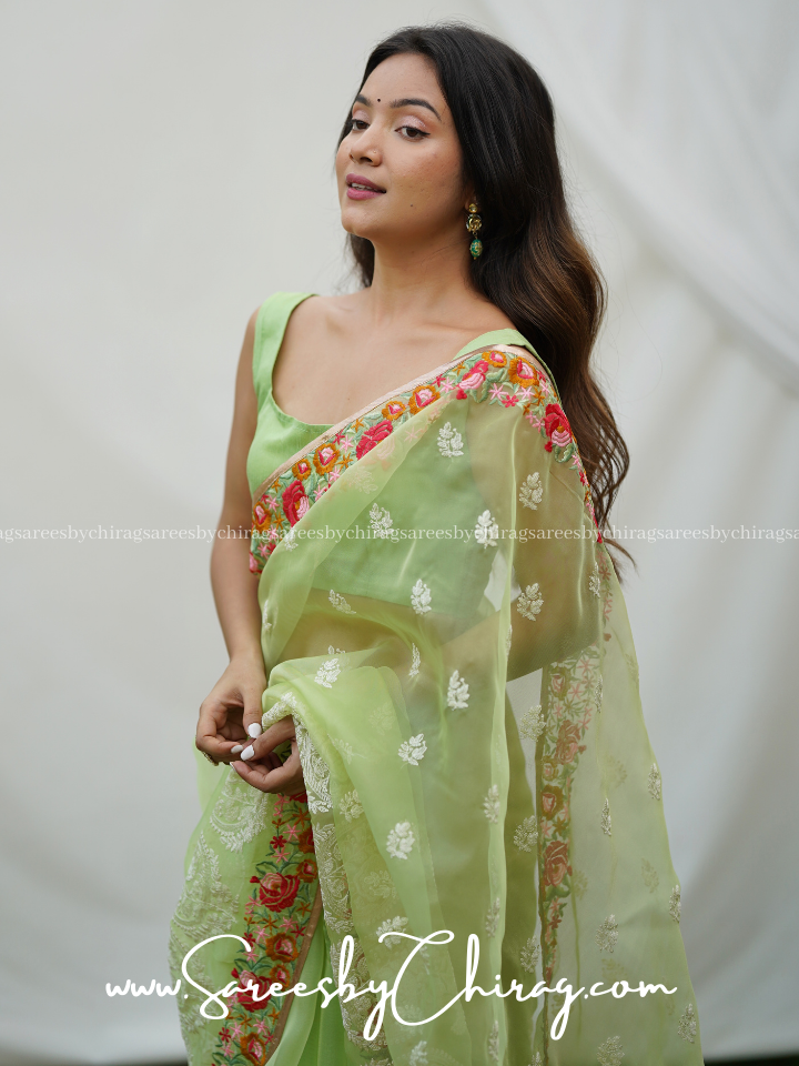 Glamour Green Color Pure Organza Silk Saree with Thread Embellishments- Rinku