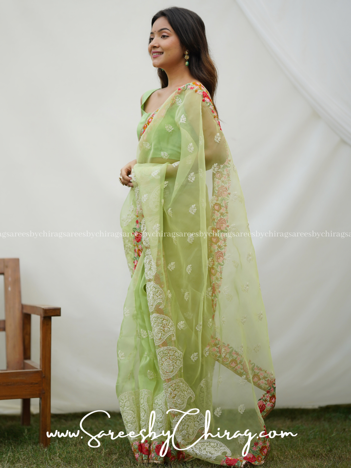Glamour Green Color Pure Organza Silk Saree with Thread Embellishments- Rinku
