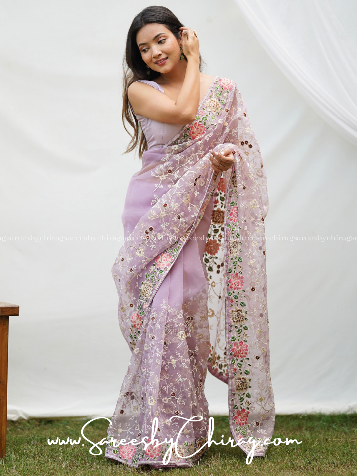 Stylish Lavender Organza Saree With Floral Embroidery Work-Prisha