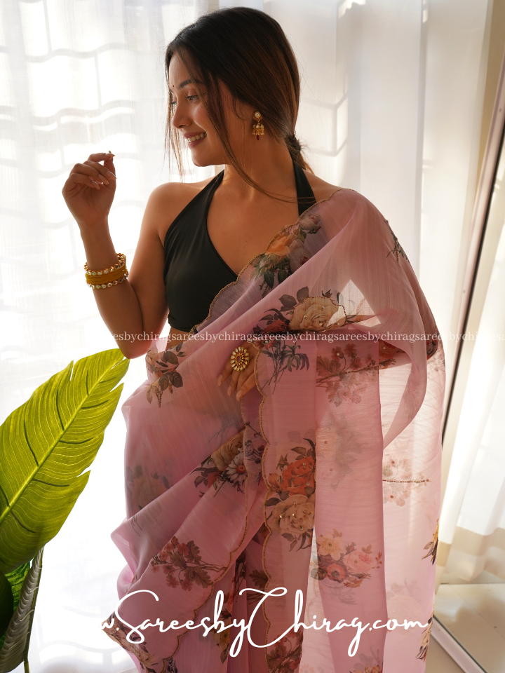 Elevate Your Style Baby Pink Premium Organza With Exquisite Digital Prints And Khatli Work -Myra