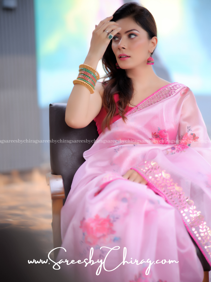 Pink Khadi Organza Saree with Digital Print and Viscose Gota Thread Work- Vamakshi
