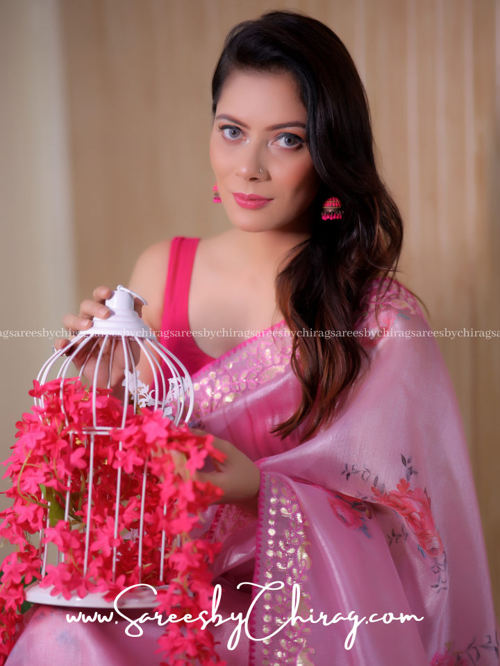 Pink Khadi Organza Saree with Digital Print and Viscose Gota Thread Work- Vamakshi