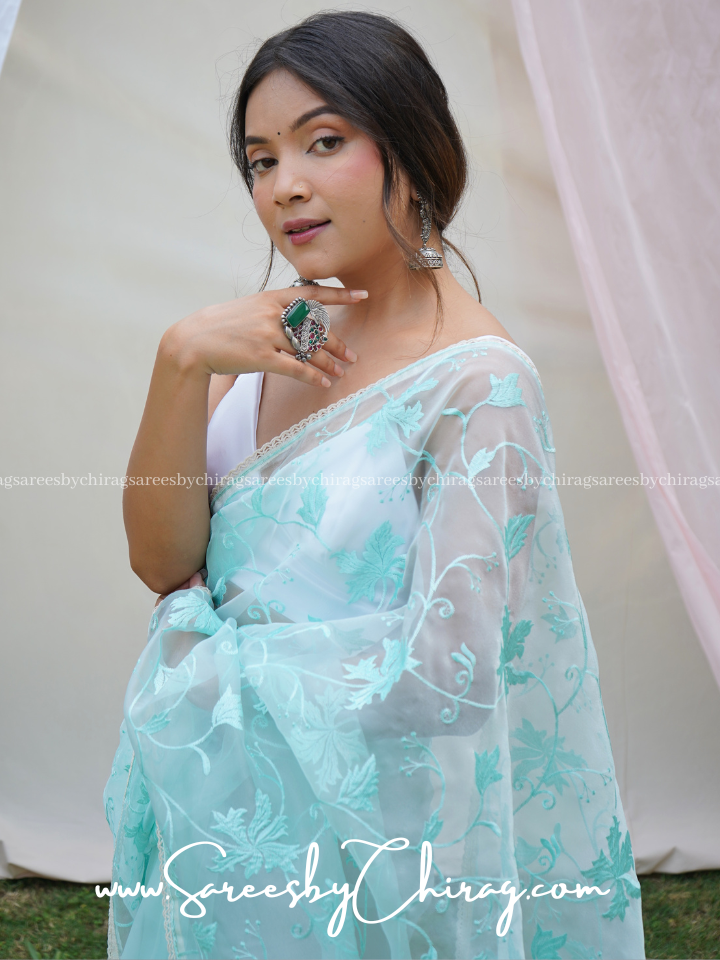 Sky Soft Organza Silk Saree with exquisite Lucknowi Thread Chikankari - Ishak