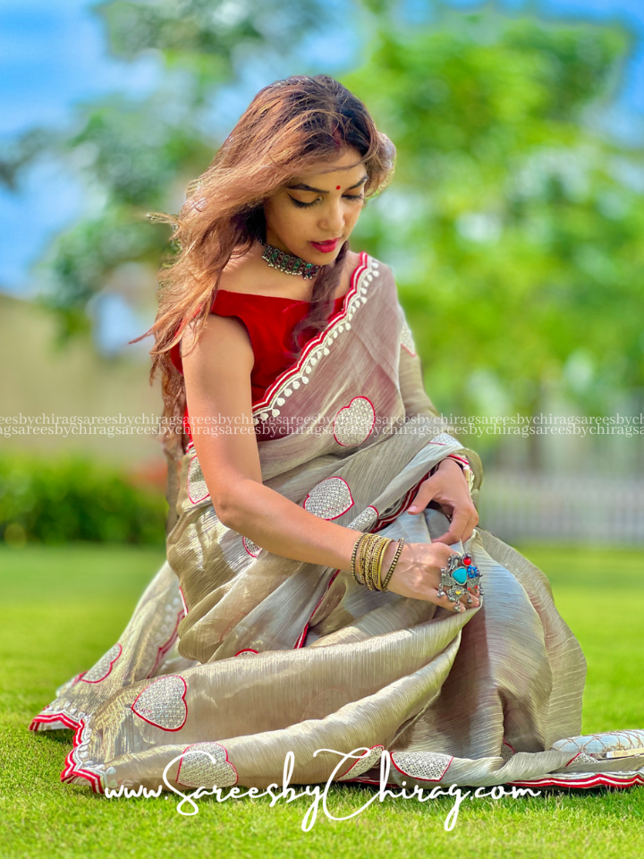 Brown Sequins and Embroidery Work on Shimmering Organza Saree - Mahima