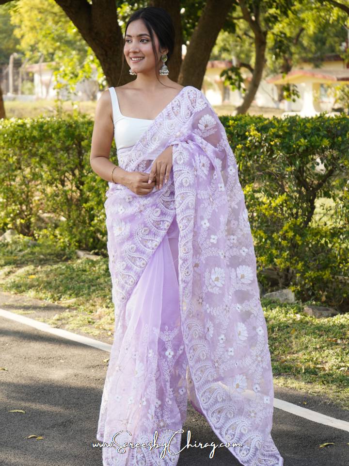 PURE LAVENDER COLOR SATIN SAREE WITH PALLU FLOWER ATTACH AND BORDER LACE