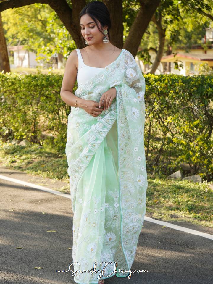 Green Shaded Pure Organza Saree With Bandhani Blouse – Naina Jain