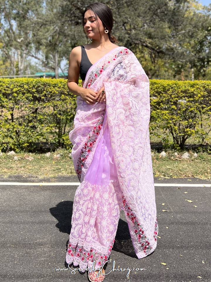 Purple - Lucknowi Chikankari Saree: Timeless Elegance with Viscose Border | Rangeeli