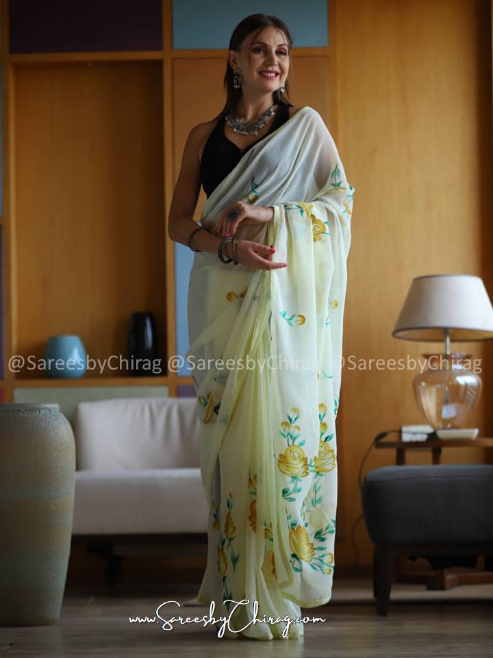 Beautiful Yellow Georgette Saree with Hand Foil Printing | Laxmi