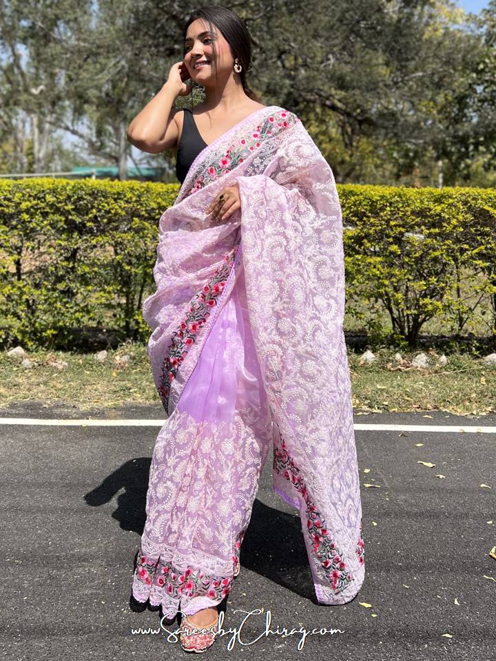 Purple - Lucknowi Chikankari Saree: Timeless Elegance with Viscose Border | Rangeeli