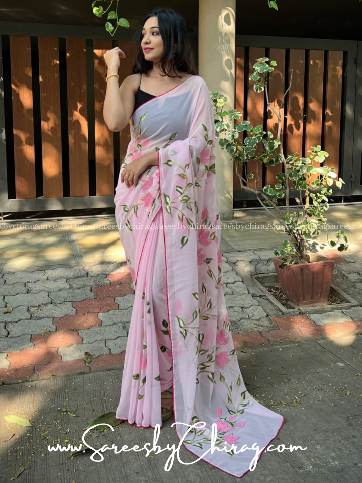 Baby Pink Handcrafted Georgette Saree with Intricate Prints  - Aditi