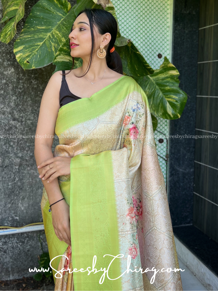 Green Floral Digital Printed Banarasi Soft Saree - Rutvi