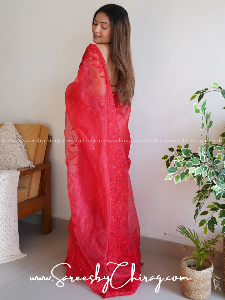 Red Organza Saree Adorned with Sequence Work - Anushka2