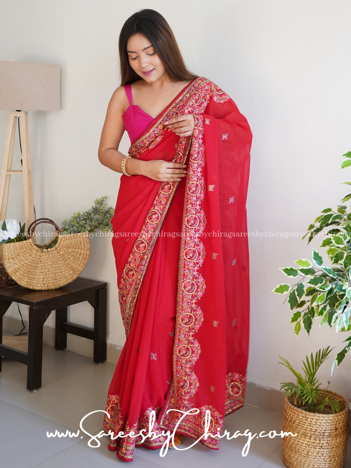 Charming Peach Georgette Saree with Contrast Stitched Blouse - Elegant