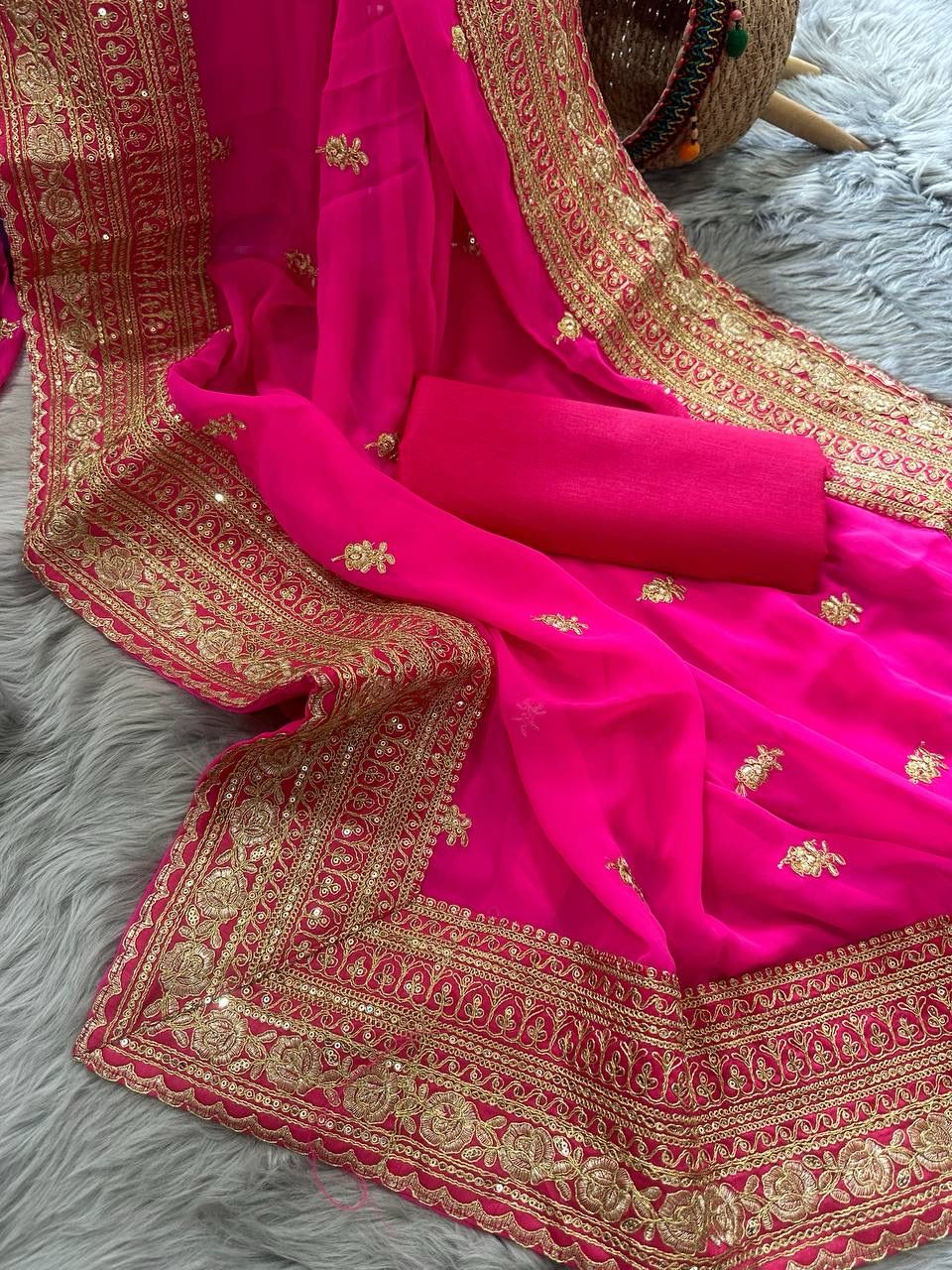 Pink Stylish Georgette Silk Saree with Viscose Thread and Sequin Work Border - Rosy