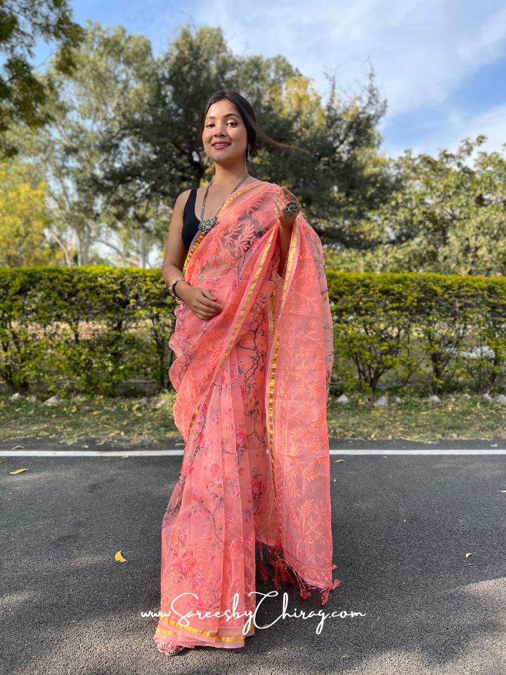 Floral Printed Organza Mix Saree-Mauve – Banarasikargha