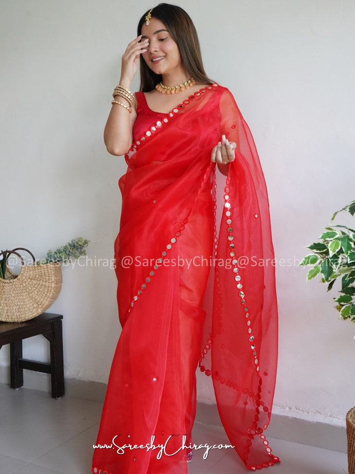Red Organza Saree with Mirror Embellishments| Nirali