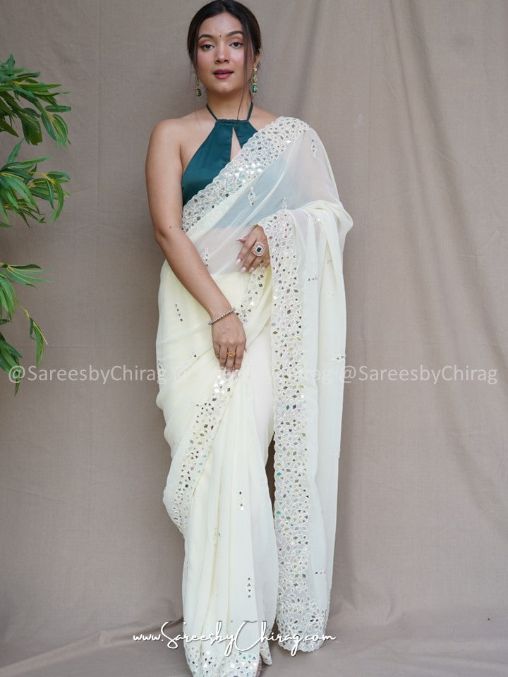 White Glamorous Grace Georgette Saree with Mirror Embroidery| Shyla
