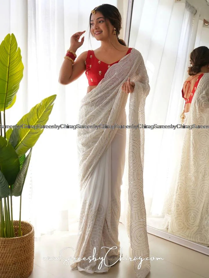 White Georgette Saree Adorned with Embroidery Sequence Work | Sakshi
